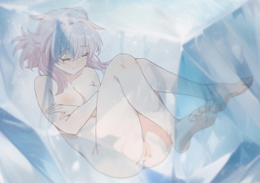 1girl barefoot breasts censored chinese_commentary closed_eyes closed_mouth commentary_request completely_nude crossed_arms frozen full_body honkai:_star_rail honkai_(series) legs_up march_7th_(honkai:_star_rail) medium_breasts medium_hair mosaic_censoring nude pink_hair pussy solo yghm