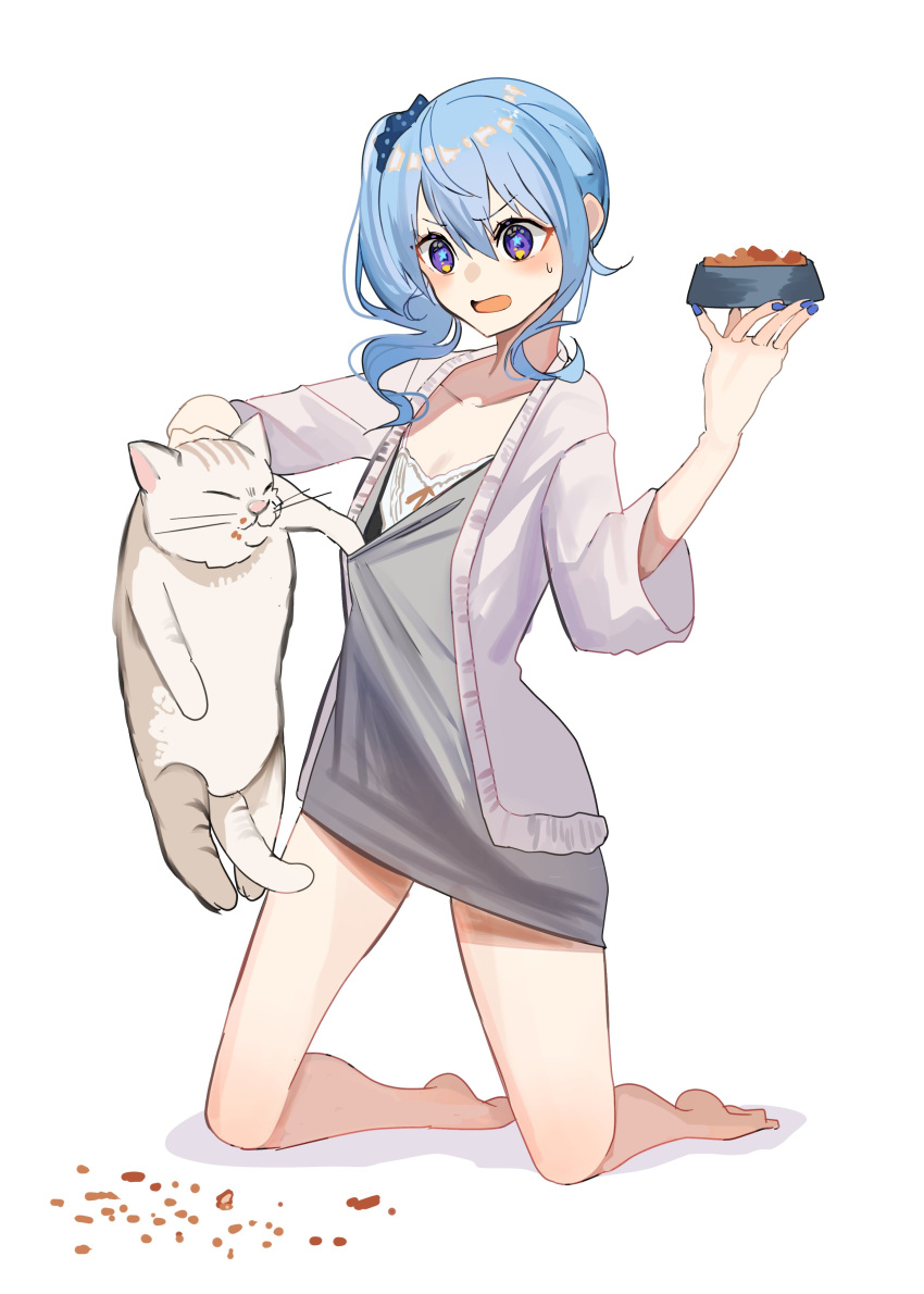 1girl absurdres bare_arms blue_eyes blue_hair blue_nails bowl camisole cardigan cat collarbone flat_chest grey_shirt hair_ornament hair_scrunchie highres hololive hoshimachi_suisei kneeling nagahisa nail_polish open_mouth pet_bowl pet_food scrunchie shirt side_ponytail simple_background solo star-shaped_pupils star_(symbol) sweatdrop symbol-shaped_pupils t-shirt virtual_youtuber white_background