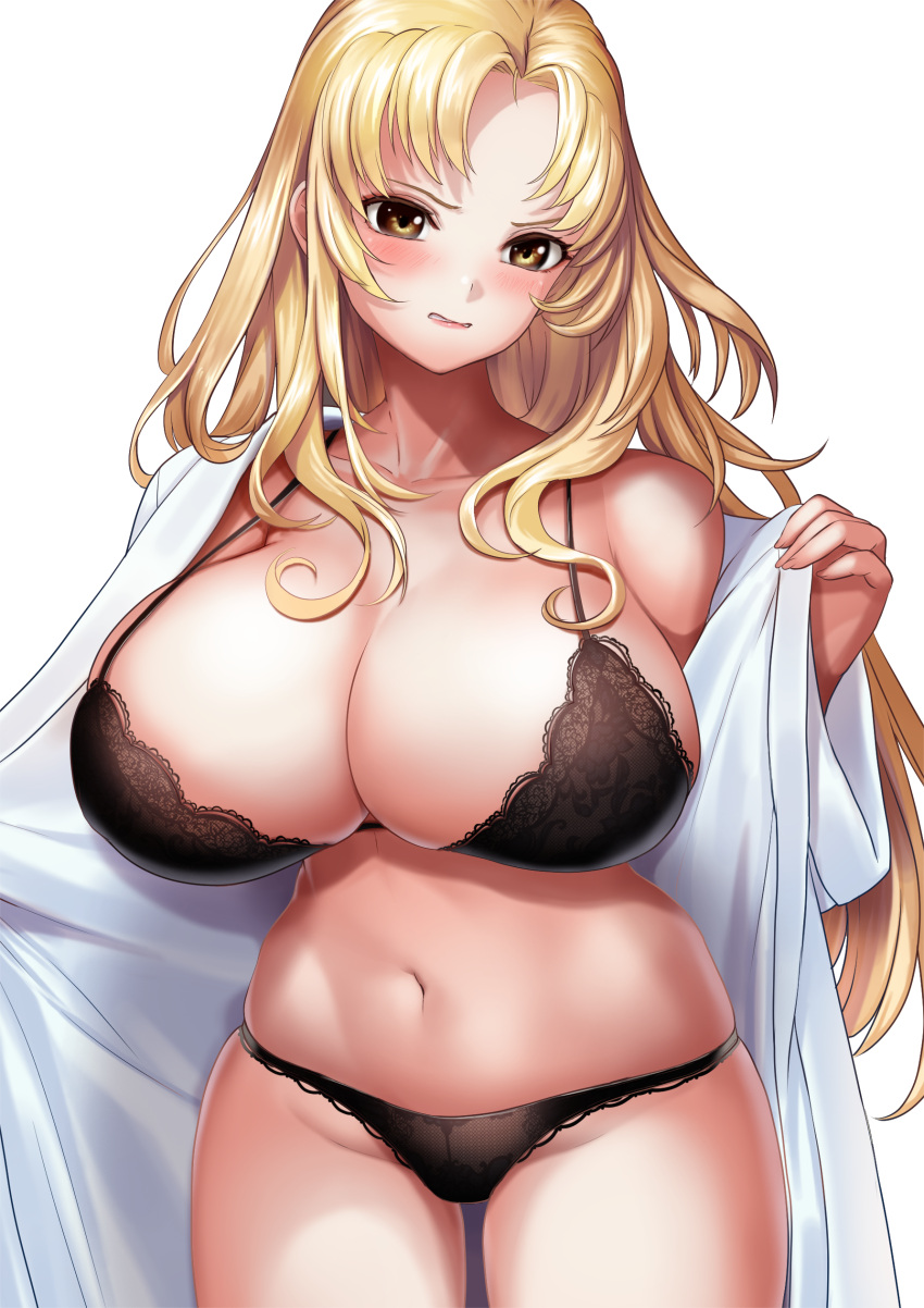 1girl absurdres bathrobe black_bra black_panties blonde_hair blush bra breasts cleavage clenched_teeth collarbone commentary_request commission cowboy_shot effort_star groin hand_up highres huge_breasts lace-trimmed_bra lace-trimmed_panties lace_trim long_hair long_sleeves looking_away navel off_shoulder open_clothes open_robe original panties parted_bangs parted_lips pixiv_commission robe sidelocks simple_background single_bare_shoulder solo standing stomach teeth underwear undressing very_long_hair white_background wide_sleeves yellow_eyes