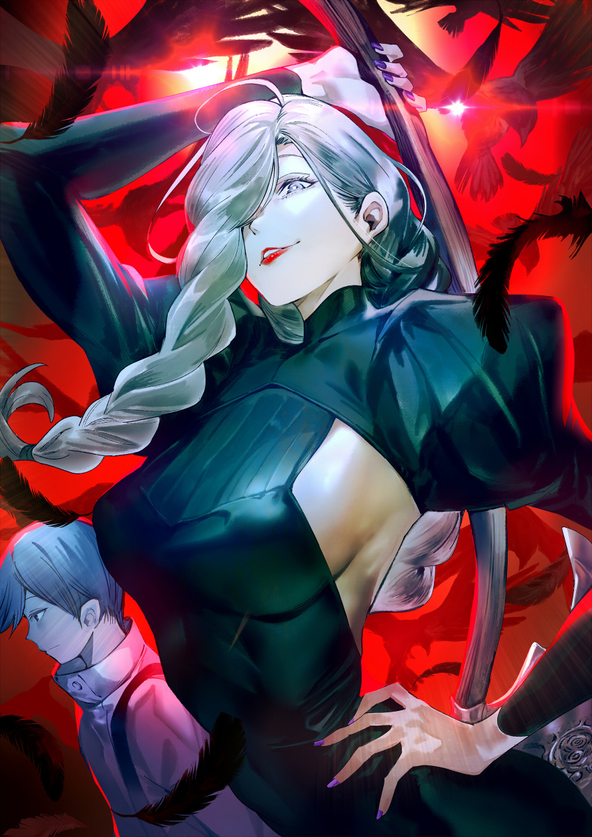 1boy 1girl absurdres arm_up axe bird black_bird black_feathers braid braided_bangs breasts falling_feathers feathers grey_eyes grey_hair hair_over_one_eye hand_on_own_hip high_collar highres holding holding_axe holding_weapon jujutsu_kaisen large_breasts long_hair mei_mei_(jujutsu_kaisen) one_eye_covered purple_nails red_lips sideboob tokopi ui_ui_(jujutsu_kaisen) upper_body weapon