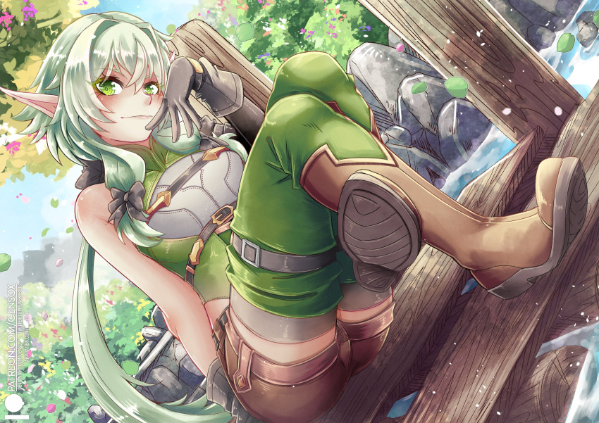 1girl asymmetrical_sleeves blush boots bow dutch_angle elf gensox gloves goblin_slayer! green_eyes green_hair green_thighhighs hair_between_eyes hair_bow high_elf_archer_(goblin_slayer!) highres long_hair looking_at_viewer outdoors pointy_ears shorts sidelocks sitting smile solo thighhighs tree uneven_sleeves water