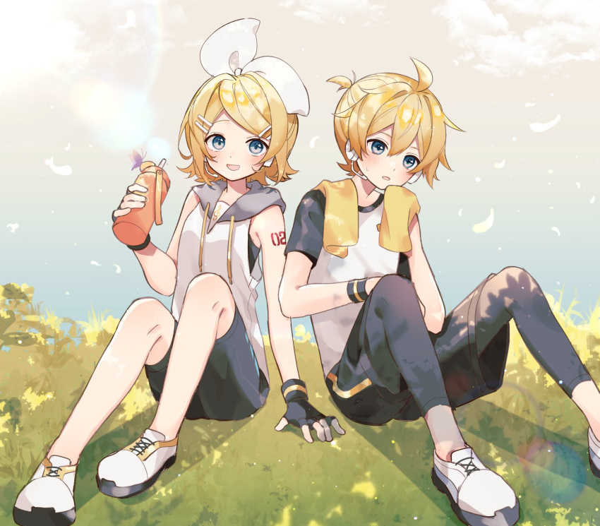 1boy 1girl arm_tattoo black_gloves black_shorts blonde_hair brother_and_sister flask gloves grey_eyes grey_hoodie hair_ornament hairclip headphones highres hood hoodie kagamine_len kagamine_rin number_tattoo open_mouth sazanami_(ripple1996) shoes short_hair shorts siblings tattoo towel towel_around_neck twins vocaloid