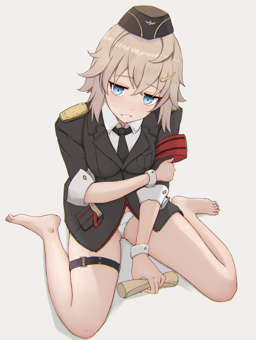 1girl absurdres barefoot black_headwear black_jacket black_necktie blonde_hair blue_eyes commentary commission crossed_bangs english_commentary feet full_body garrison_cap girls'_frontline grin hair_ornament hairclip hand_on_own_arm hat highres holding holding_scroll iicedcola jacket light_blush looking_at_viewer military military_hat military_uniform mp41_(girls'_frontline) necktie no_pants panties pixiv_commission pussy pussy_peek red_armband scroll shirt short_hair short_sleeves simple_background sitting smile solo thigh_strap toenails toes underwear uniform wariza white_background white_panties white_shirt white_wrist_cuffs wrist_cuffs