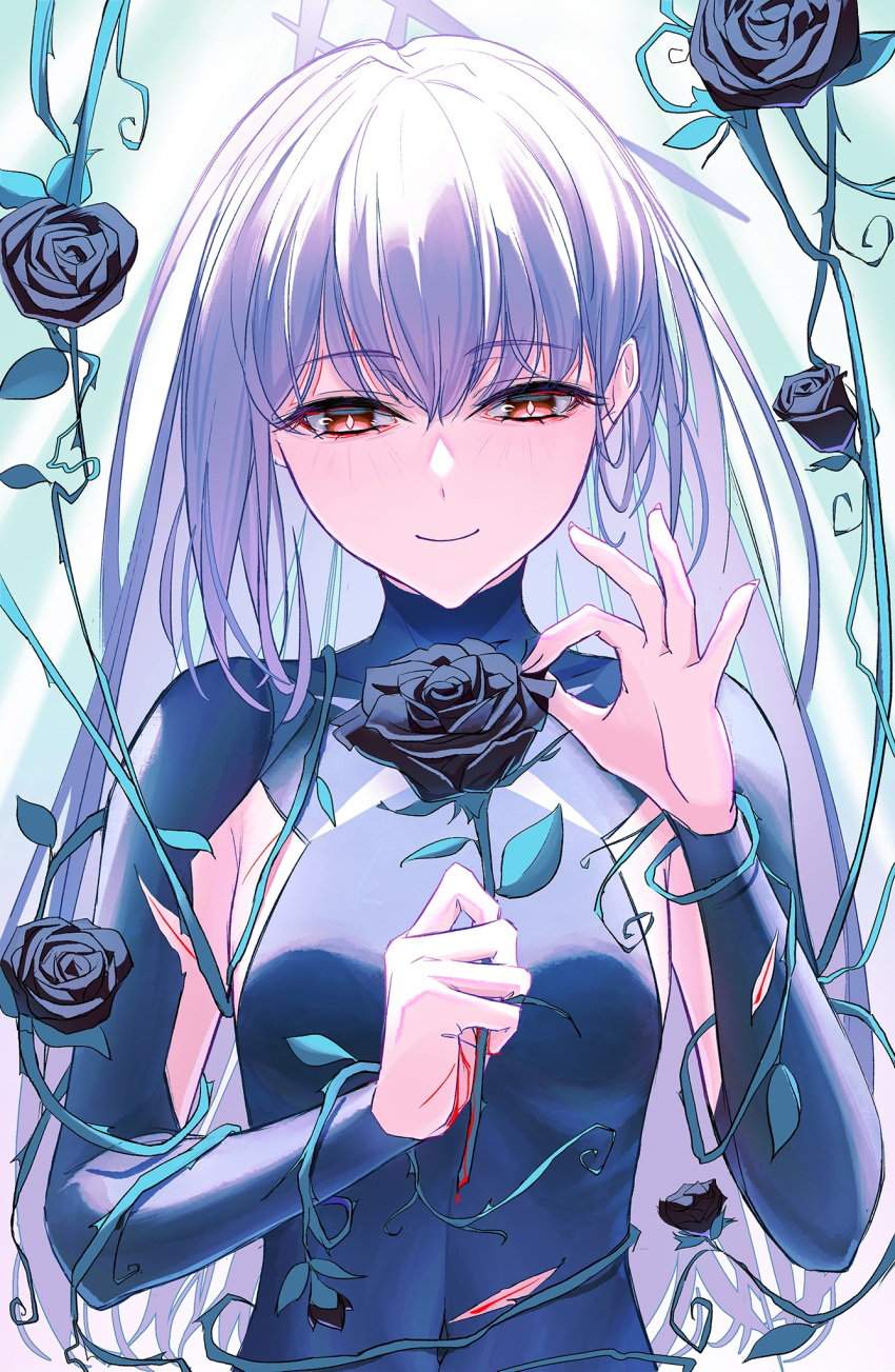 1girl armpit_cutout atsuko_(blue_archive) black_flower black_rose bleeding blood blue_archive blue_bodysuit bodysuit breasts bright_pupils closed_mouth clothing_cutout commentary_request covered_navel diamond-shaped_pupils diamond_(shape) flower halo highres injury light_purple_hair long_hair narrowed_eyes petals plant plucking_petals red_eyes rose small_breasts smile solo symbol-shaped_pupils thorns upper_body very_long_hair vines white_pupils yodistira404
