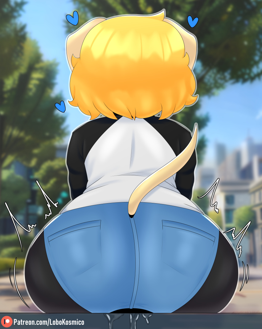 absurd_res anthro big_butt bird_dog blonde_hair bodily_fluids bottomwear butt canid canine canis clothed clothing curvy_figure detailed_background digital_drawing_(artwork) digital_media_(artwork) domestic_dog female fur golden_retriever hair hi_res hunting_dog leggings legwear lobokosmico mammal marzia_(lobokosmico) motion_lines outside plant retriever short_stack sitting skirt sky smile solo standing thick_thighs voluptuous wide_hips yellow_body yellow_fur