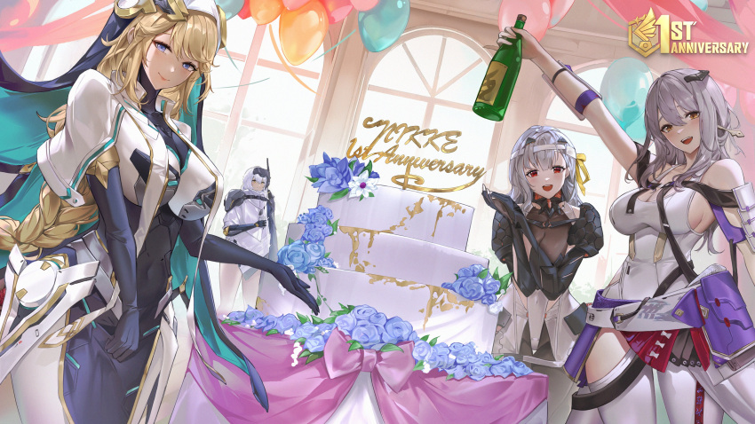 4girls absurdres alcohol anniversary balloon bare_shoulders bottle breasts champagne champagne_bottle commentary_request dress elbow_gloves eru_(eru_illust) gloves goddess_of_victory:_nikke habit highres indoors long_hair looking_at_viewer medium_breasts multiple_girls official_art open_mouth own_hands_together puffy_sleeves