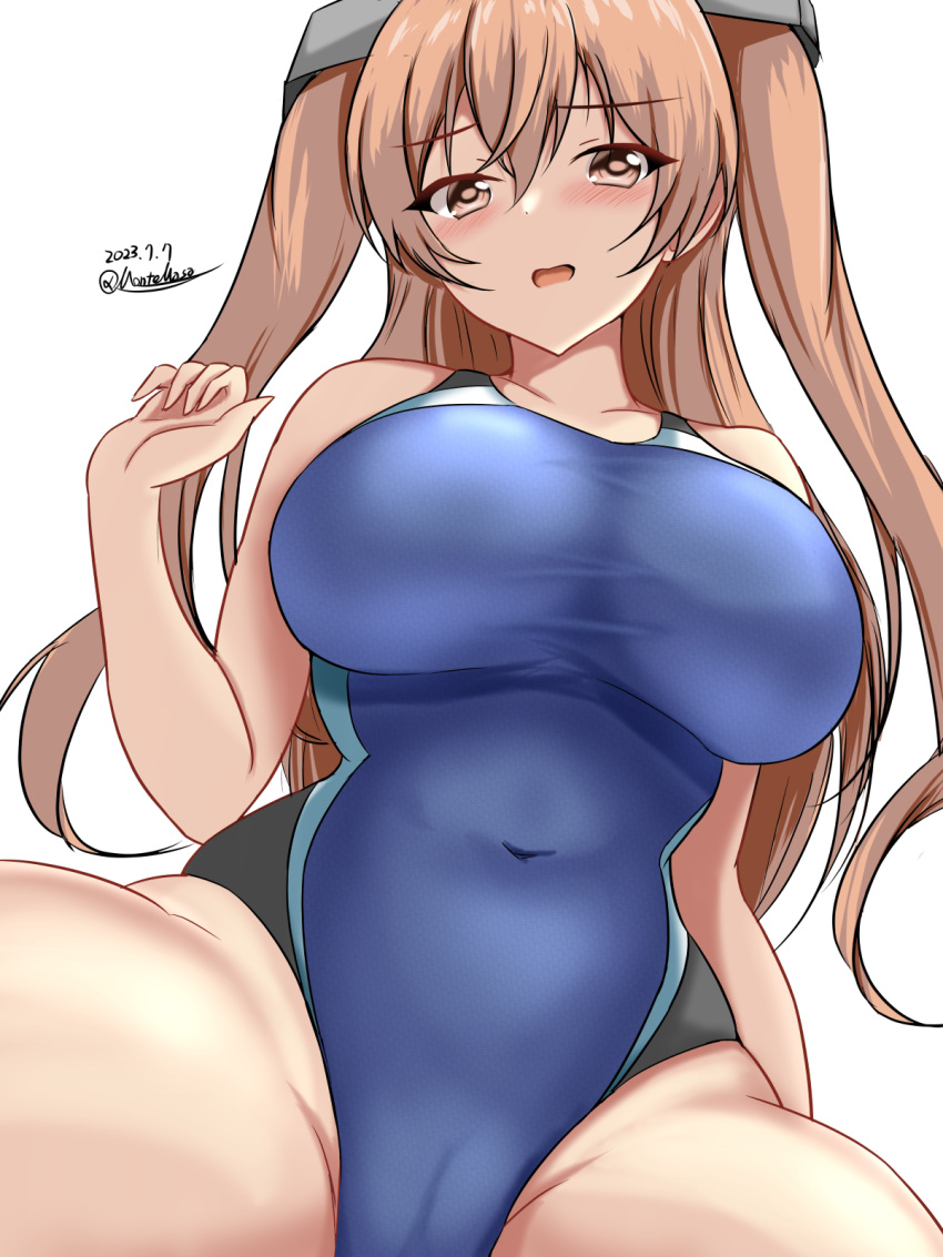 1girl alternate_costume black_one-piece_swimsuit blue_one-piece_swimsuit blush breasts brown_eyes cleavage competition_swimsuit covered_navel dated hair_between_eyes highleg highleg_swimsuit highres impossible_clothes impossible_swimsuit johnston_(kancolle) kantai_collection large_breasts light_brown_hair long_hair looking_at_viewer montemasa multicolored_clothes multicolored_swimsuit one-hour_drawing_challenge one-piece_swimsuit open_mouth simple_background sitting smile solo swimsuit twitter_username two-tone_swimsuit two_side_up white_background