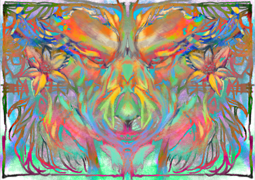 accessory ambiguous_gender bright_colors executableabby eyestrain flower flower_in_hair flowing_hair hair hair_accessory hi_res neon plant psychedelic solo symmetry