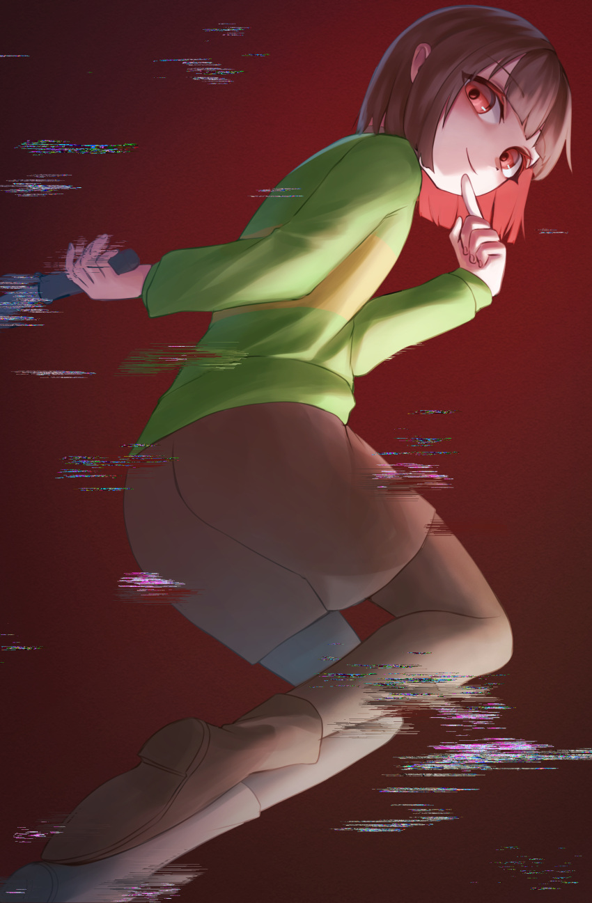 1other absurdres arms_behind_back blunt_bangs blunt_ends blush bob_cut boots brown_footwear brown_hair brown_shorts chara_(undertale) closed_mouth colored_inner_hair commentary finger_to_mouth from_behind from_side glitch gradient_background green_sweater hasukappu highres holding holding_knife holding_weapon index_finger_raised jumping knife light_smile looking_at_viewer looking_back looking_down looking_to_the_side multicolored_hair red_eyes red_hair running short_hair shorts single_horizontal_stripe solo standing sweater two-tone_hair undertale weapon weapon_behind_back yellow_sweater