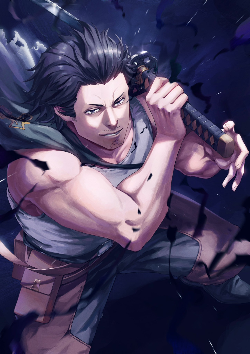 1boy beard_stubble black_bulls_(emblem) black_capelet black_clover black_hair capelet darkness facial_hair fighting_stance goatee_stubble grey_eyes highres holding holding_sword holding_weapon katana looking_at_viewer male_focus muscular muscular_male short_hair solo sosuke_ppp stubble sword tank_top weapon white_tank_top yami_sukehiro