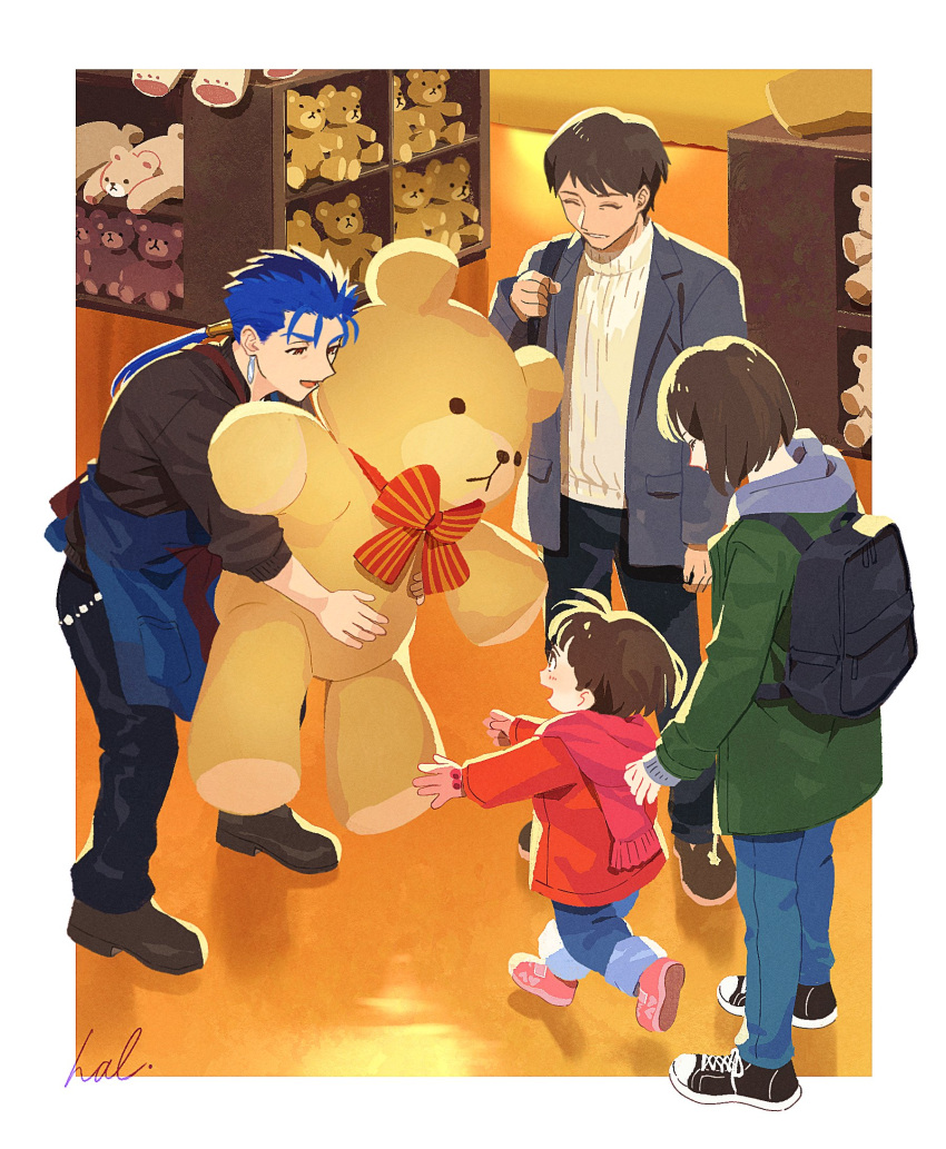 2boys 2girls apron backpack bag black_bag black_pants black_shirt blue_apron blue_hair blue_pants border bow brown_footwear brown_hair coat cu_chulainn_(fate) earrings family fate_(series) giving green_coat grin hal_(haaaalhal) hand_tattoo highres holding holding_stuffed_toy jewelry long_hair long_sleeves multiple_boys multiple_girls open_mouth pants pink_footwear pink_scarf scarf shirt shoes shop short_hair smile sneakers snow_boots striped striped_bow stuffed_animal stuffed_toy sweater tattoo teddy_bear waist_apron white_border white_sweater