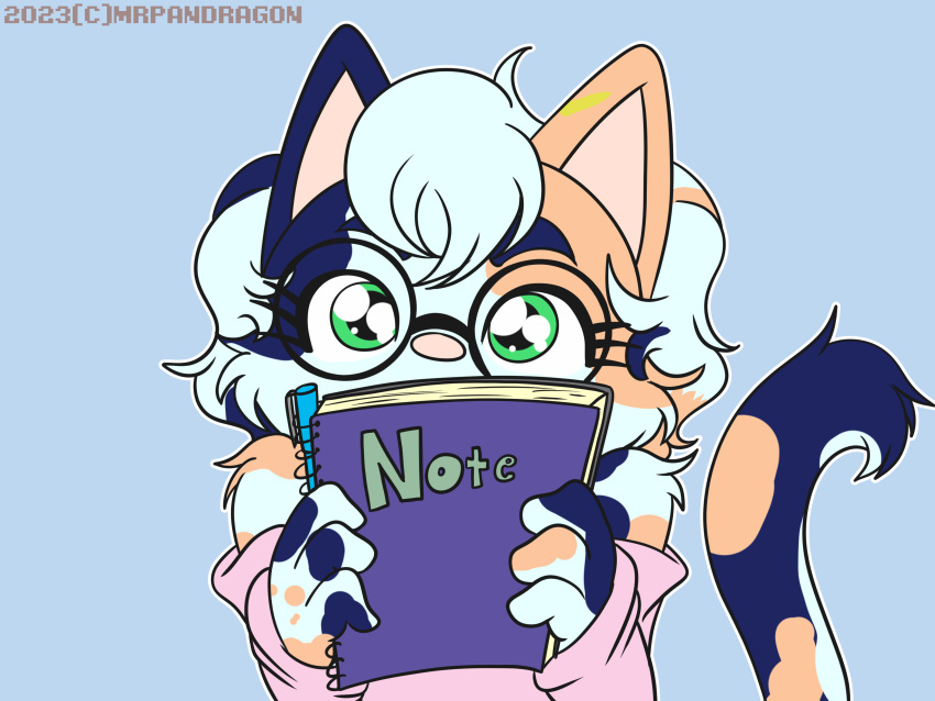 absurd_res calico_cat clothed clothing disability domestic_cat eyewear felid feline felis female glasses hi_res looking_at_viewer mammal mrpandragon mute notebook sanura simple_background solo