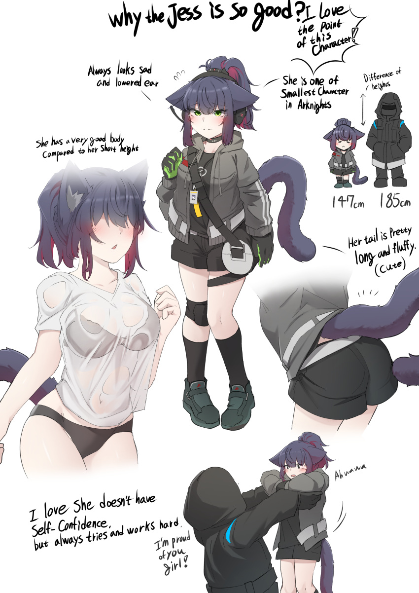 1girl 1other absurdres animal_ear_fluff animal_ears arknights ass black_bra black_choker black_gloves black_hair black_panties black_shirt black_shorts black_socks blush bra breasts cat_ears cat_girl cat_tail choker coat doctor_(arknights) english_text full_body gloves green_eyes grey_jacket headset highres hood hood_up hooded_coat hooded_jacket id_card jacket jessica_(arknights) k0ng knee_pads large_breasts long_hair long_sleeves looking_at_viewer multicolored_hair open_mouth panties ponytail red_hair see-through shirt shorts simple_background single_knee_pad socks tail tears underwear white_background white_shirt