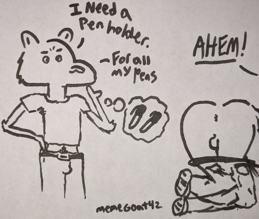 anthro anus balls bear big_butt bottomwear bulge butt clothed clothing confident confusion crop_top cross-eyed cute_expression denim denim_clothing dialogue duo eyebrows footwear funny_face fur genitals girly hi_res himbo humanoid humor imminent_sex jeans jeans_down joke male male/male mammal marker memegoat42 midriff needy pants pants_pulled_down partially_clothed pens plump_balls presenting presenting_balls presenting_hindquarters pubes pubes_exposed shirt shoes silly silly_face simple_background speech_bubble submissive submissive_male teasing text thick_eyebrows thinking thought_bubble topwear unaware yelling yelling_from_off_screen