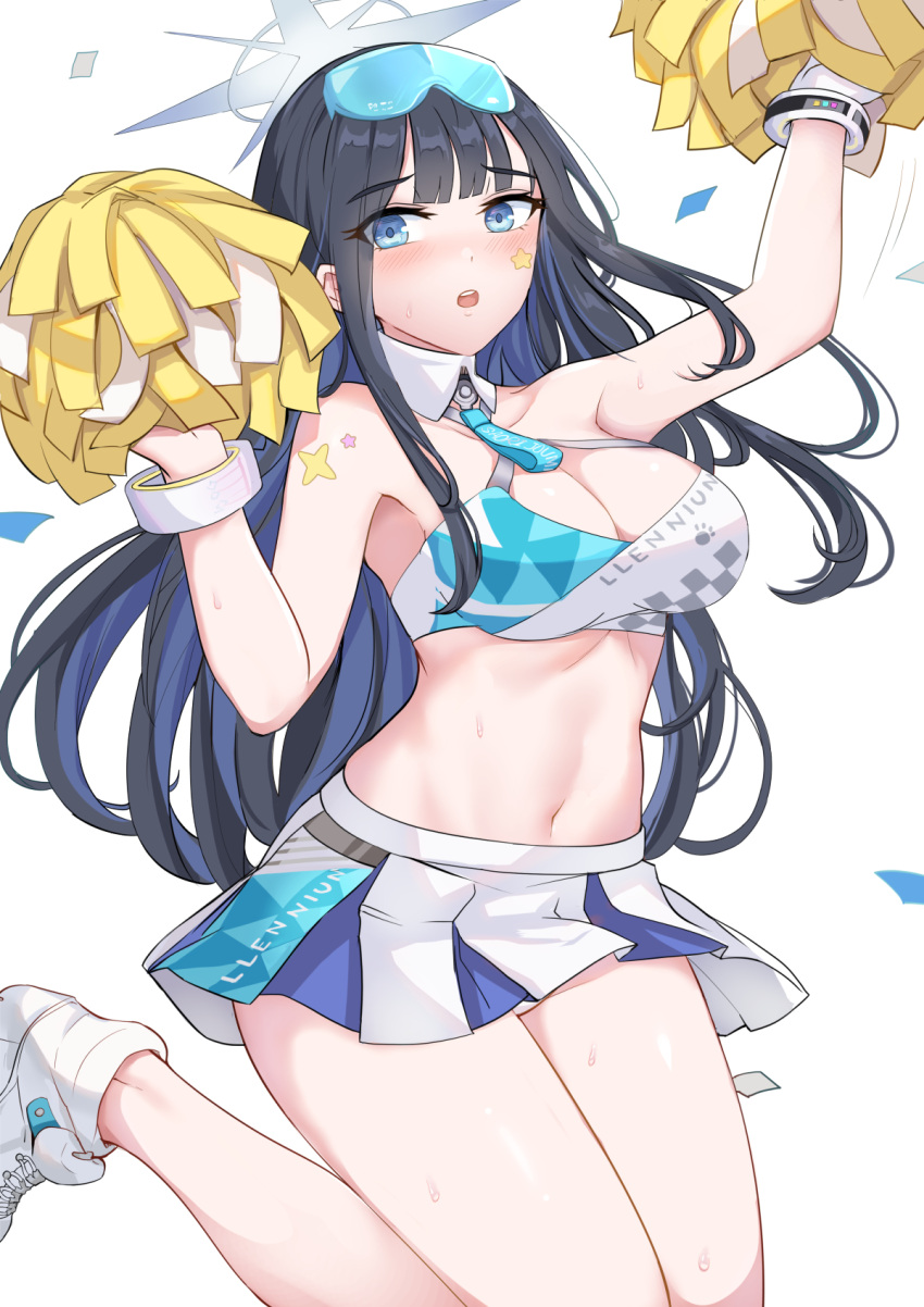 1girl arm_up armpits bare_shoulders black_hair blue_archive blue_eyes blue_hair breasts cheerleader cleavage colored_inner_hair cosplay criss-cross_halter crop_top goggles goggles_on_head halo halterneck hand_up hibiki_(blue_archive) hibiki_(blue_archive)_(cosplay) hibiki_(cheerleader)_(blue_archive) highres holding holding_pom_poms large_breasts leg_up long_hair looking_at_viewer midriff miniskirt multicolored_hair navel official_alternate_costume open_mouth panties panty_peek pleated_skirt pom_pom_(cheerleading) saori_(blue_archive) shirt shoes simple_background skirt sleeveless sleeveless_shirt sneakers solo stomach sweat thighs two-tone_hair two-tone_shirt underwear white_background white_footwear white_shirt white_skirt wing_collar wrist_cuffs yougen_kitsune