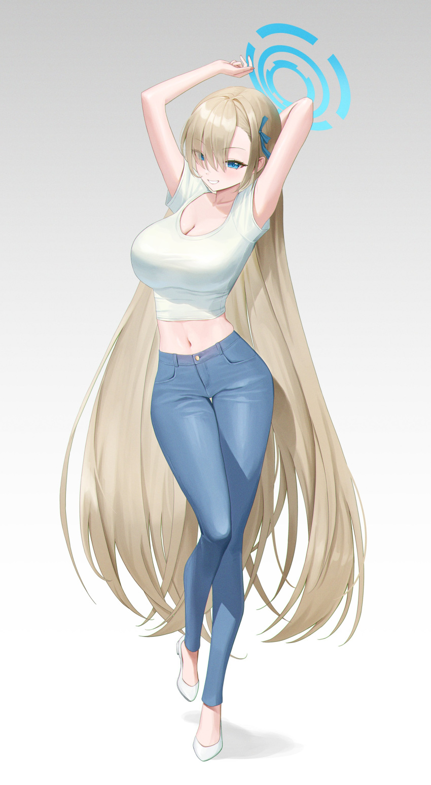 1girl absurdly_long_hair absurdres arms_up asuna_(blue_archive) blue_archive blue_eyes blue_halo blue_pants blue_ribbon breasts cleavage cropped_shirt denim eyes_visible_through_hair full_body gradient_background hair_over_one_eye hair_ribbon halo highres jeans large_breasts light_brown_hair long_hair looking_at_viewer midriff navel pants ribbon rinrasetsu shirt shoes short_sleeves simple_background smile solo stomach very_long_hair white_footwear white_shirt