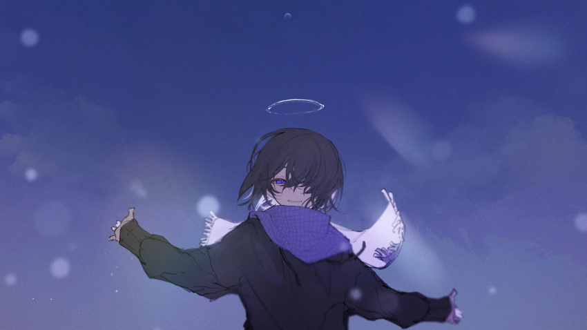 1girl absurdres black_hair black_sweater blurry commentary_request depth_of_field floating_hair hair_over_one_eye halo highres kajiwara_3 long_sleeves looking_at_viewer original outdoors purple_eyes purple_scarf scarf short_hair sky smile snow solo sweater upper_body
