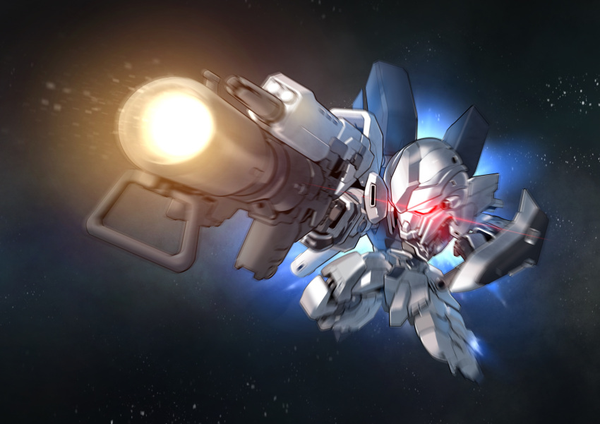 absurdres arm_shield beam_rifle chibi energy_gun exhaust eye_trail flying foreshortening glowing glowing_eyes gun gundam gundam_narrative highres holding holding_gun holding_weapon light_trail making-of_available mecha mobile_suit motion_blur no_humans red_eyes robot science_fiction sd_gundam sinanju_stein solo space star_(sky) thrusters weapon zakuma