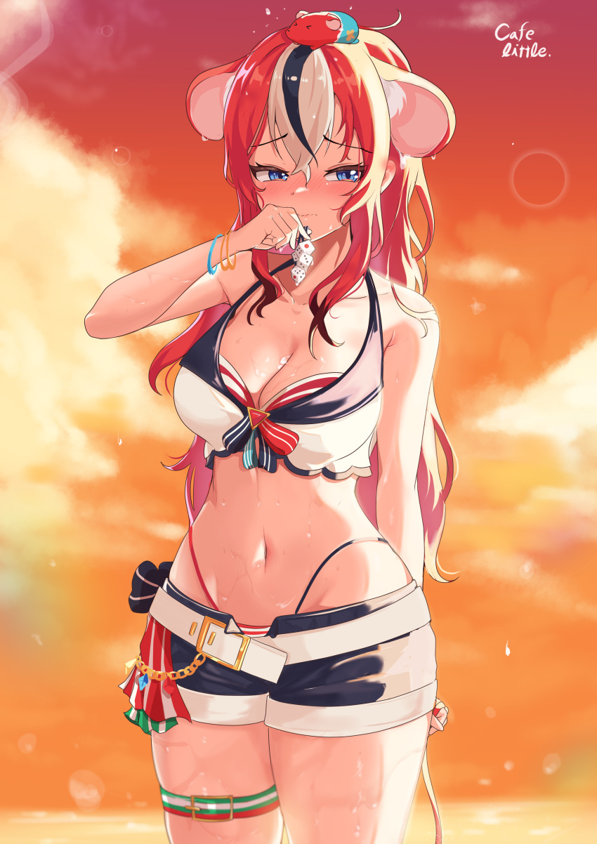 1girl absurdres animal_ears artist_name bikini blue_eyes blush breasts cafelittle ears_down hair_down hakos_baelz highres holding_hair_tie hololive hololive_english hololive_summer_2023_swimsuit large_breasts long_hair mouse_ears mouse_on_head mr._squeaks_(hakos_baelz) navel red_hair short_shorts shorts striped striped_bikini swimsuit thigh_strap twilight virtual_youtuber wet wristband