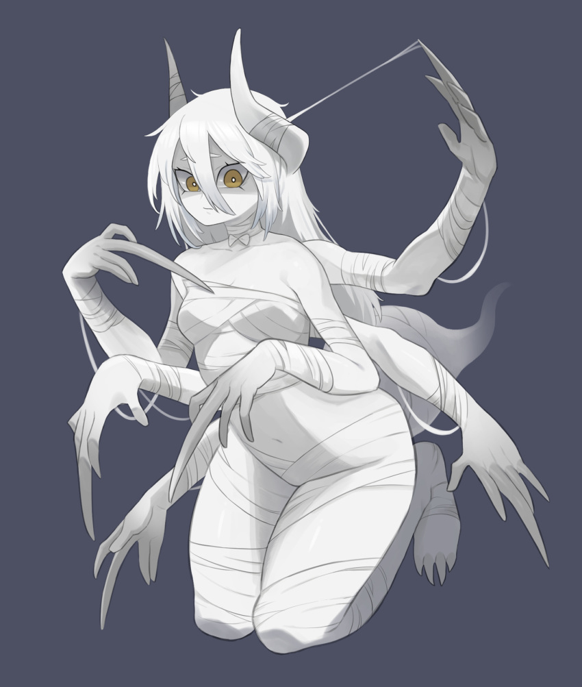 1girl :/ bandaged_arm bandaged_chest bandaged_horn bandages breasts bright_pupils claws closed_mouth colored_skin daon_(kenta111881) extra_arms full_body ghost_tail grey_background hair_between_eyes highres horns kneeling long_hair looking_at_viewer monster_girl original short_eyebrows simple_background small_breasts solo tail white_hair white_horns white_pupils white_skin yellow_eyes