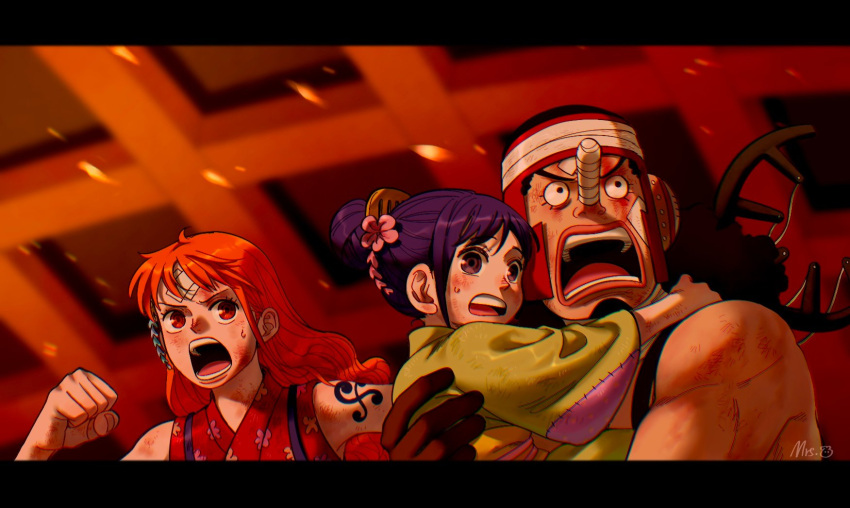 1boy 2girls bandaid bare_shoulders black_eyes black_gloves clenched_hand curly_hair facial_hair gloves goatee hair_ornament highres indoors injury japanese_clothes kurozumi_tama long_hair long_nose mrs.custard multiple_girls nami_(one_piece) one_piece open_mouth orange_eyes orange_hair purple_hair shoulder_tattoo signature slingshot_(weapon) tattoo teeth usopp weapon