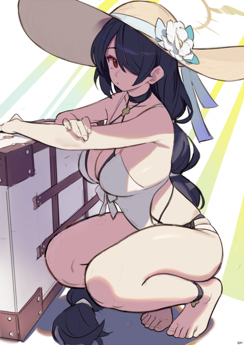 1girl barefoot black_hair blue_archive braid breasts cleavage feet flower full_body hair_over_one_eye halo hat hat_flower highres hinata_(blue_archive) hinata_(swimsuit)_(blue_archive) large_breasts legs long_hair looking_at_viewer one-piece_swimsuit red_eyes simple_background single_braid solo songchuan_li squatting sun_hat swimsuit tiptoes toenails toes very_long_hair white_flower