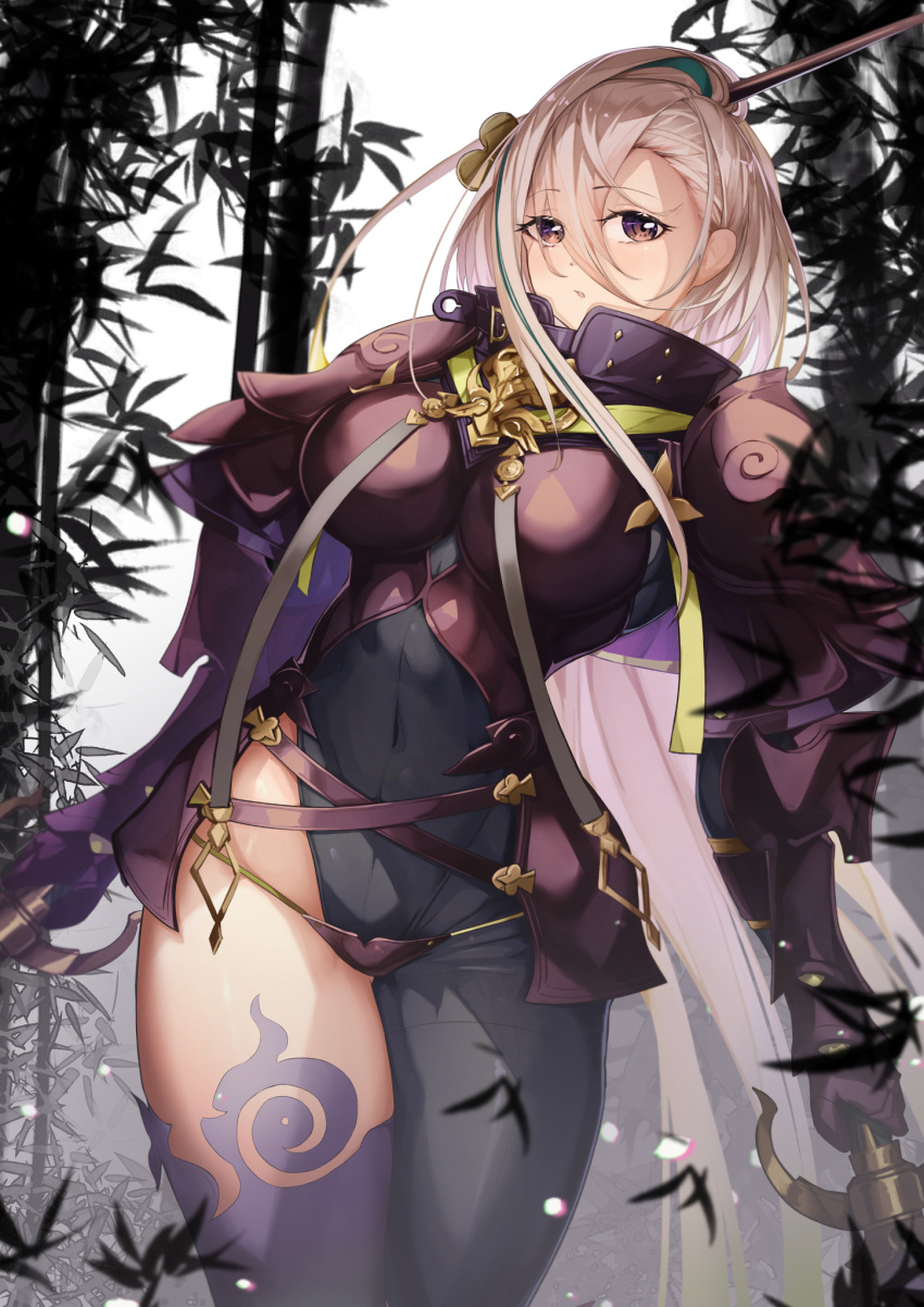 1girl armor asymmetrical_clothes bamboo bamboo_forest blush bodysuit breastplate breasts covered_navel dual_wielding fate/grand_order fate_(series) forest gauntlets green_hair grey_bodysuit grey_eyes hair_between_eyes hair_ornament hair_stick high_collar highleg highres holding huyan_zhuo_(fate) huyan_zhuo_(second_ascension)_(fate) large_breasts long_hair looking_at_viewer multicolored_hair nature pauldrons shoulder_armor single_pantsleg solo streaked_hair thighs ura_illust very_long_hair weapon white_hair