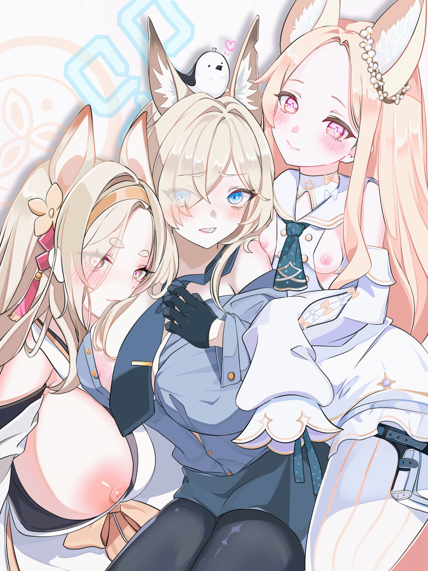 3girls animal_ear_fluff animal_ears animal_on_head bird bird_on_head black_pantyhose blonde_hair blue_archive blue_eyes blue_necktie breasts closed_mouth commentary_request detached_sleeves dress flower flower_wreath forehead fox_ears fox_girl gradient_eyes hair_flower hair_ornament hair_over_one_eye hairband halo heart heart-shaped_pupils highres holster huge_breasts kaho_(blue_archive) kanna_(blue_archive) kanzashi long_sleeves looking_at_viewer loose_necktie multicolored_eyes multiple_girls necktie nipples off_shoulder on_head open_clothes orange_eyes pantyhose parted_bangs partially_unbuttoned pink_eyes police police_uniform policewoman sailor_collar sakyumiru seia_(blue_archive) sharp_teeth sideboob sleeves_past_fingers sleeves_past_wrists small_breasts smile striped striped_pantyhose swept_bangs symbol-shaped_pupils teeth thick_eyebrows thigh_holster trait_connection uniform vertical-striped_pantyhose vertical_stripes white_dress white_pantyhose white_sailor_collar yellow_eyes