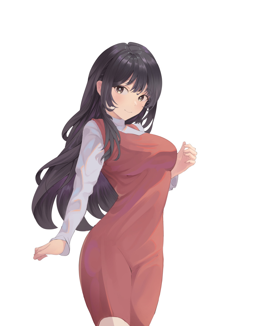 1girl absurdres black_hair boku_no_kokoro_no_yabai_yatsu brown_eyes closed_mouth dress faceless7078 grey_shirt highres long_hair looking_at_viewer red_dress shirt simple_background smile solo turtleneck white_background yamada_anna