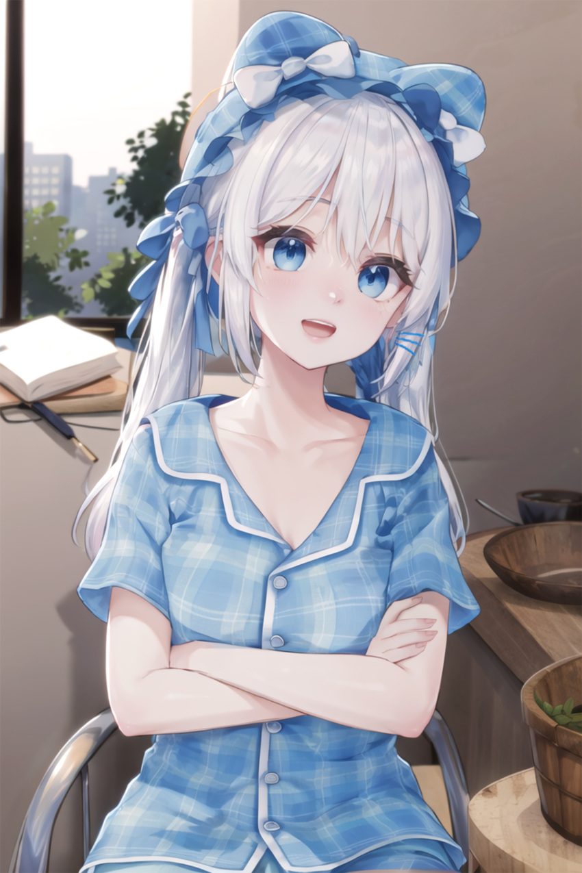 1girl absurdres ai-generated gosegu highres innocent_girl looking_at_viewer pajamas solo stable_diffusion virtual_youtuber waktaverse