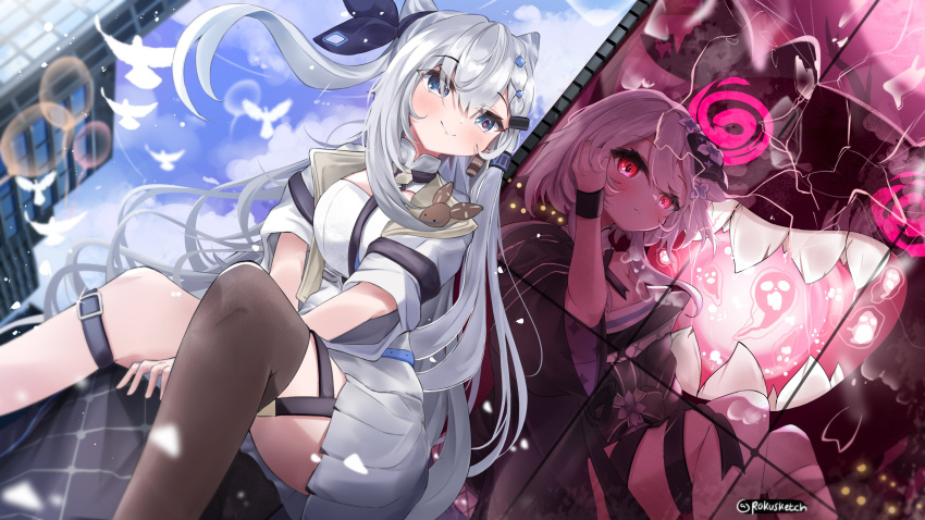 2girls absurdres between_legs bird blue_eyes blue_sky blush brown_thighhighs commentary cone_hair_bun double_bun grey_hair hair_bun hair_tucking hand_between_legs highres hololive hololive_indonesia lens_flare long_hair looking_at_viewer looking_away monster multiple_girls official_alternate_costume red_eyes rokusketch single_thighhigh sitting sky smile thighhighs twitter_username vestia_zeta wristband