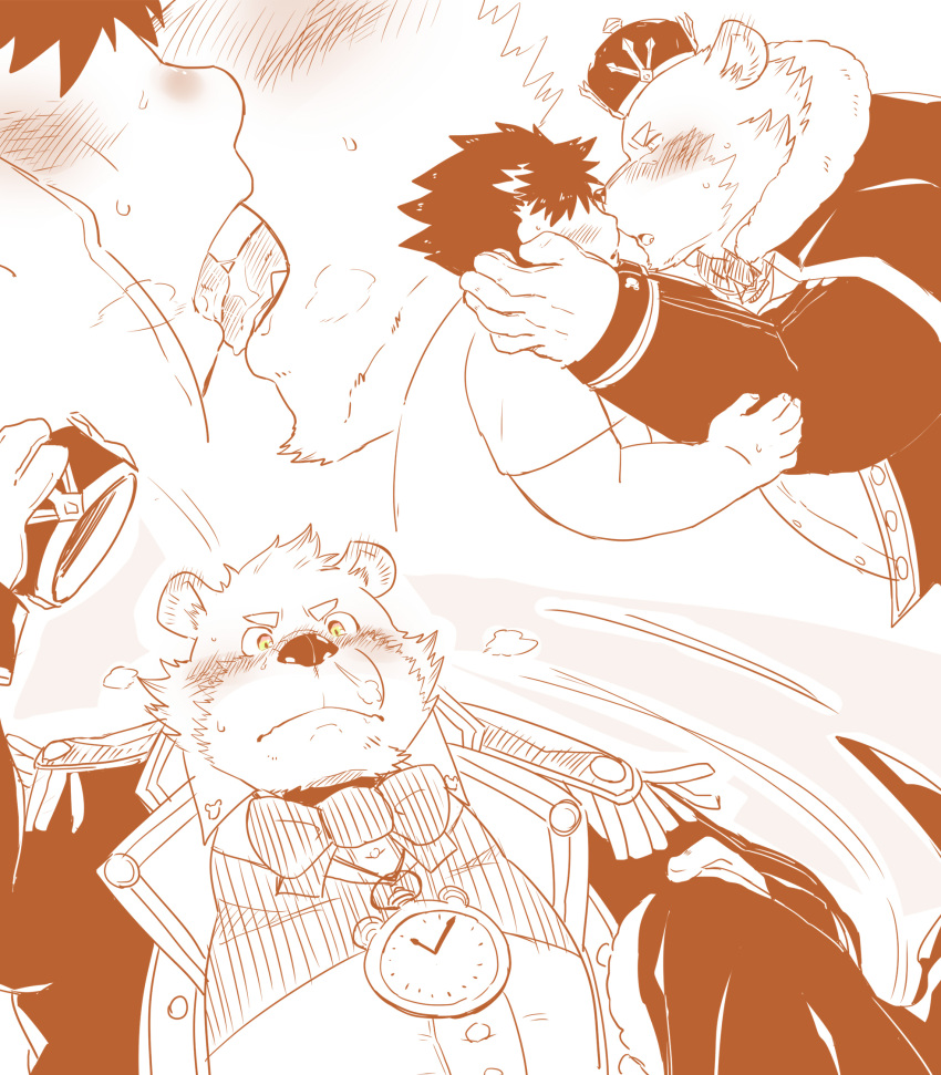 anthro bear blush bow_tie chubby_protagonist_(tas) comic crown cupping_cheek duo headgear hi_res human jambavan kissing lifewonders male male/male mammal moku_nameko prince royalty tokyo_afterschool_summoners