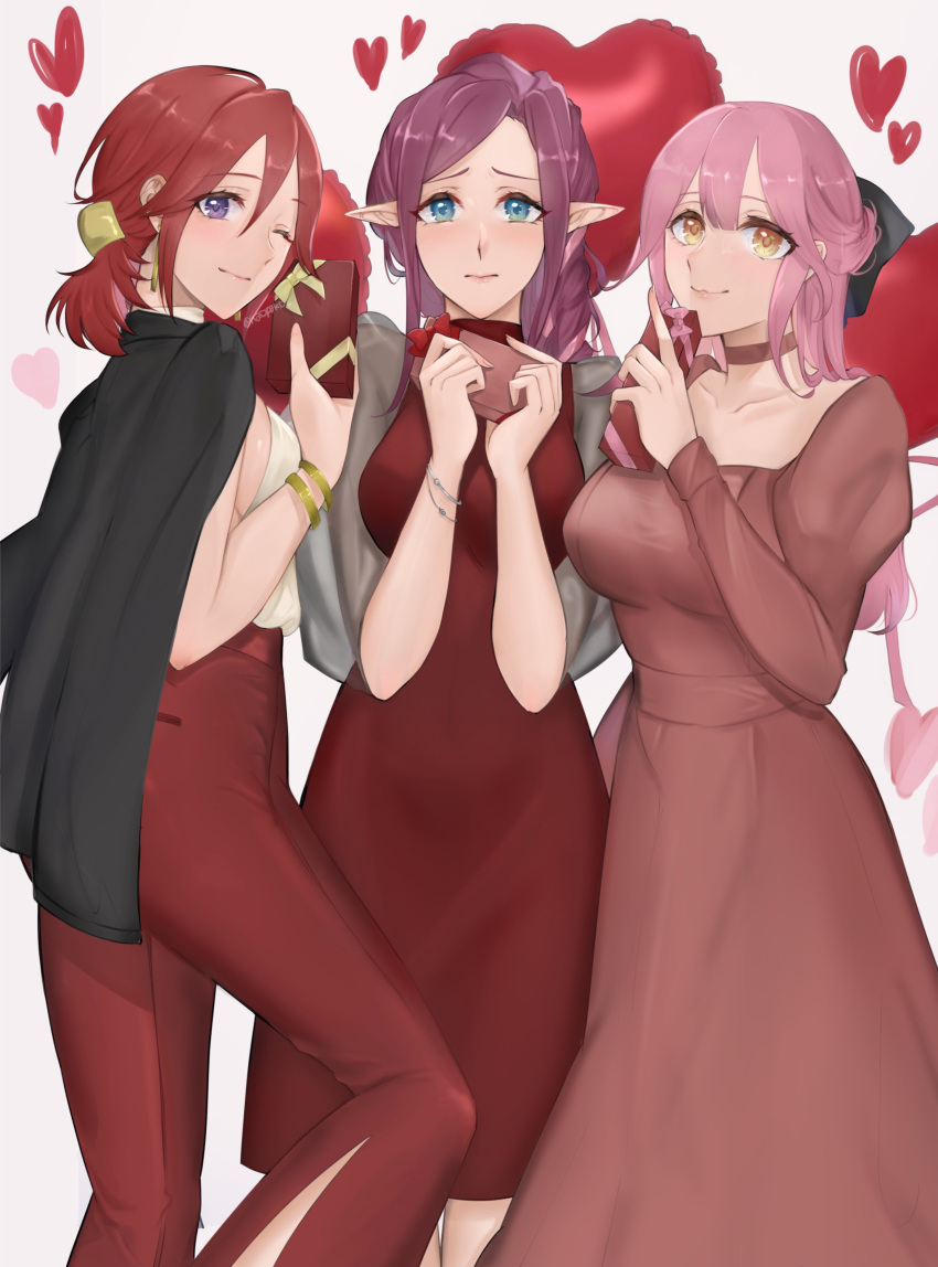 3girls absurdres ass backless_shirt balloon black_bow blue_eyes bow box breasts brown_eyes collarbone dress hair_bow halter_shirt halterneck heart heart-shaped_box heart_balloon highres holding holding_box juliet_sleeves kabu_(kaopako_) kaname_buccaneer long_hair long_pointy_ears long_sleeves looking_at_viewer macross macross_delta makina_nakajima medium_breasts medium_hair mirage_farina_jenius multiple_girls one_eye_closed pants pink_hair pointy_ears puffy_sleeves purple_eyes purple_hair red_dress red_hair red_pants shirt shirt_tucked_in smile straight-on valentine white_shirt