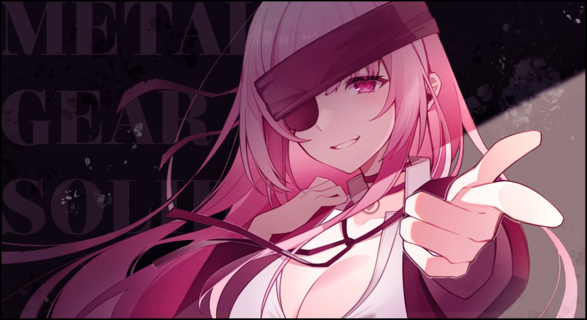 1girl black_background black_choker black_headband black_jacket breasts choker cleavage copyright_name eyepatch finger_gun floating_hair hand_on_own_shoulder headband highres hololive hololive_english jacket large_breasts long_hair looking_at_viewer metal_gear_(series) metal_gear_solid mori_calliope mori_calliope_(sheriff) pink_eyes pink_hair pink_theme pointing pointing_at_viewer shirt sidelocks smile uehara_(dormmmmir_) virtual_youtuber white_shirt