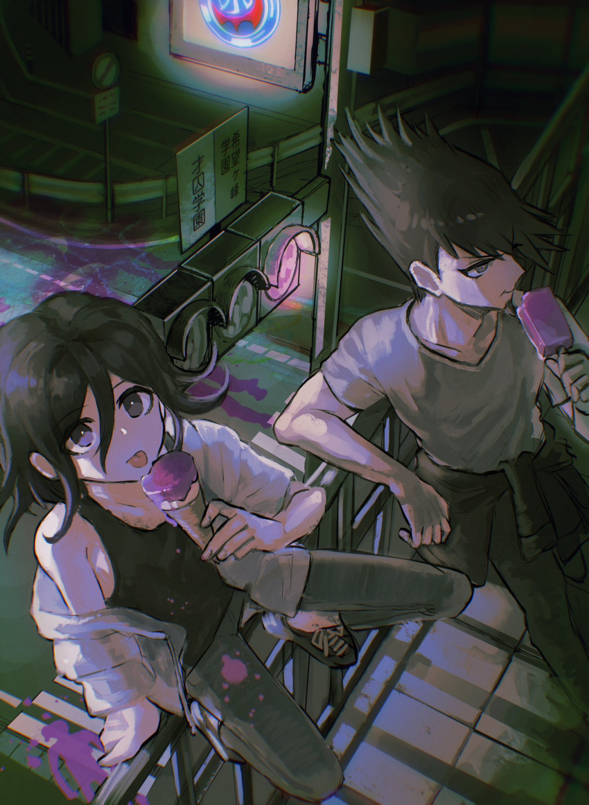 2boys against_railing blood clothes_around_waist danganronpa_(series) danganronpa_v3:_killing_harmony food hair_between_eyes highres holding holding_food ice_cream ice_cream_cone looking_at_viewer male_focus momota_kaito multiple_boys night off_shoulder oma_kokichi open_clothes open_shirt outdoors pants popsicle purple_blood purple_eyes railing road shirt shoes short_sleeves sign sitting sitting_on_railing spiked_hair street tongue tongue_out traffic_light visket53
