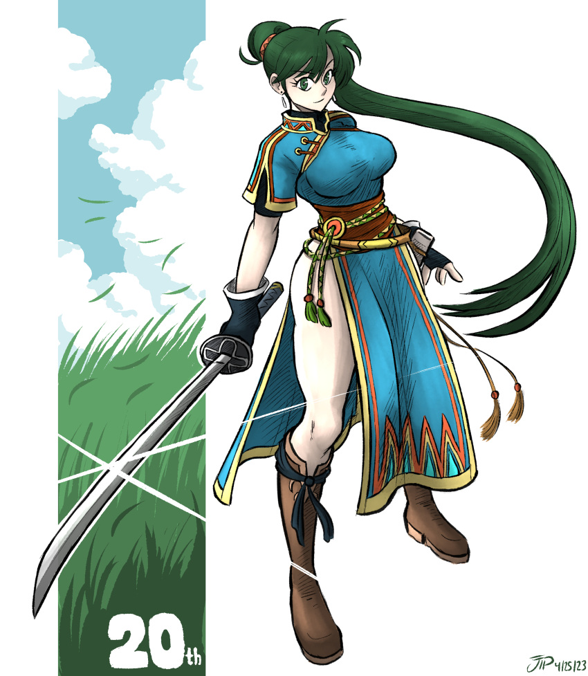 1girl absurdres anniversary ass black_gloves black_shirt blue_dress boots breasts brown_footwear cloud cloudy_sky commentary dated dress earrings field fire_emblem fire_emblem:_the_blazing_blade glint gloves grass green_eyes green_hair highres holding holding_sword holding_weapon jewelry knee_boots large_breasts long_hair lyn_(fire_emblem) pelvic_curtain ponytail shirt shirt_under_dress signature sky solo swept_bangs sword thighs videajames weapon