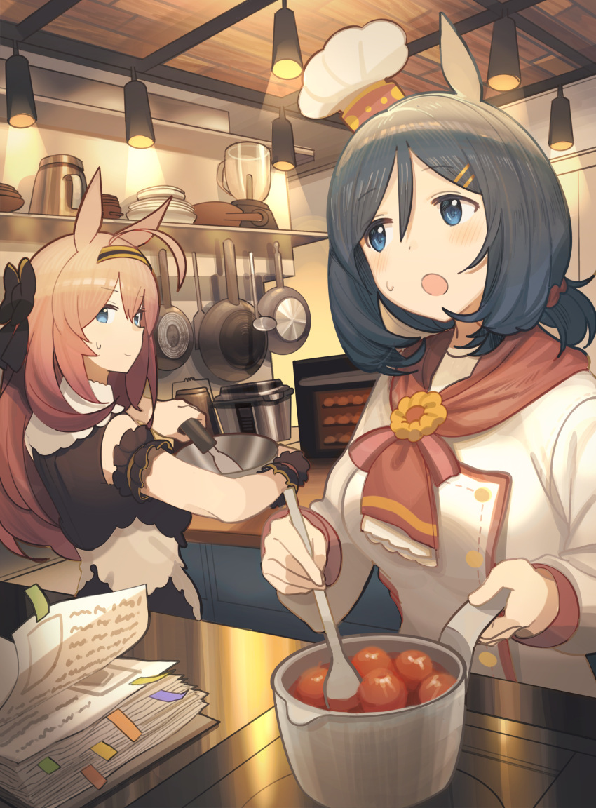2girls absurdres ahoge animal_ears ashinowoto black_hair blue_eyes blush book brown_hair ceiling_light chef chef_hat closed_mouth commentary_request cooking crown_patisserie_(umamusume) dress eishin_flash_(collect_chocolatier)_(umamusume) eishin_flash_(umamusume) frying_pan hair_ornament hairclip hat highres holding holding_spatula horse_ears indoors jacket kitchen ladle long_hair looking_at_another medium_hair mihono_bourbon_(code:glassage)_(umamusume) mihono_bourbon_(umamusume) multiple_girls open_book open_mouth plant plate potted_plant sleeveless sleeveless_dress smile spatula stove sweatdrop toaster_oven umamusume upper_body white_jacket wrist_cuffs