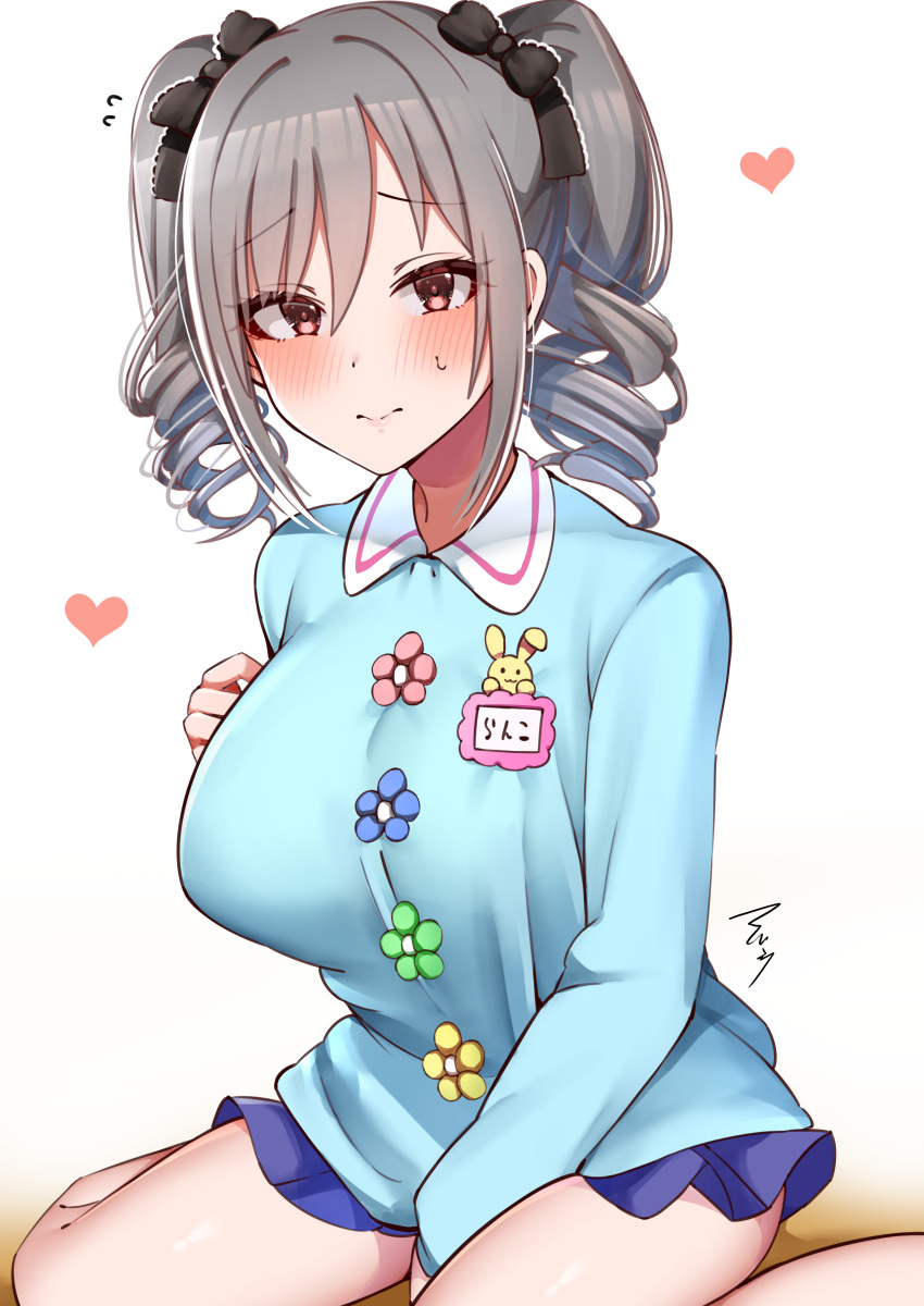 1girl absurdres blue_shirt blue_skirt blush breasts drill_hair embarrassed flower_button grey_hair hair_ribbon highres idolmaster idolmaster_cinderella_girls kanzaki_ranko kindergarten kindergarten_uniform mabanna medium_breasts red_eyes ribbon shirt skirt solo thighs twin_drills twintails