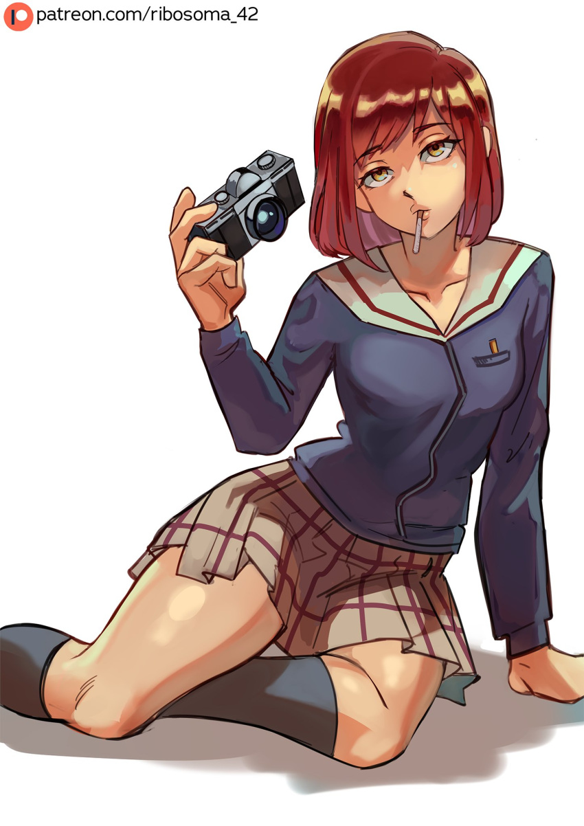 1girl breasts camera cigarette flcl highres holding holding_camera lips on_floor patreon_username red_hair ribosoma_42 sailor_collar samejima_mamimi school_uniform shadow simple_background skirt solo white_background