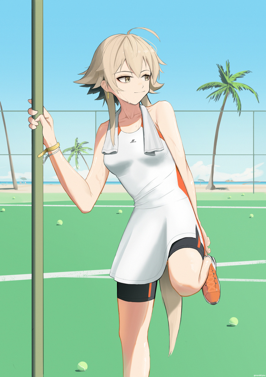 1girl absurdres ahoge arknights beach bike_shorts blue_sky breasts brown_eyes brown_hair closed_mouth collarbone day dress earrings highres horizon jewelry leg_up long_hair looking_away looking_to_the_side mayer_(arknights) northkiyou orange_footwear outdoors palm_tree shoes sky sleeveless sleeveless_dress small_breasts smile sneakers solo sportswear standing standing_on_one_leg sweat tennis_uniform tree white_dress wristband