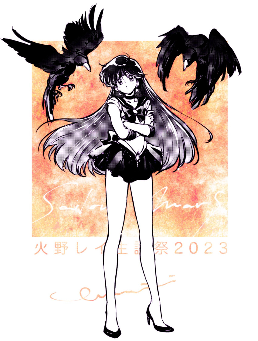 1girl back_bow bird bishoujo_senshi_sailor_moon black_hair bow choker crossed_arms crow earrings elbow_gloves full_body gloves high_heels highres hino_rei jewelry legs long_hair looking_at_viewer miniskirt monochrome orange_theme sailor_mars sailor_senshi_uniform school_uniform serafuku short_sleeves signature skirt spot_color standing star_(symbol) star_earrings tiara u_emmm