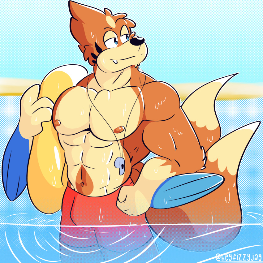 2_tails abs anthro athletic athletic_anthro athletic_male beach biceps blue_eyes clothing fizzyjay floatzel flotation_device fur generation_4_pokemon hand_on_hip hi_res male mammal multi_tail muscular muscular_anthro muscular_male mustelid nintendo nipples orange_body orange_fur pecs pokemon pokemon_(species) seaside smile solo swimming_trunks swimwear tail water wet wet_body wet_fur whistle