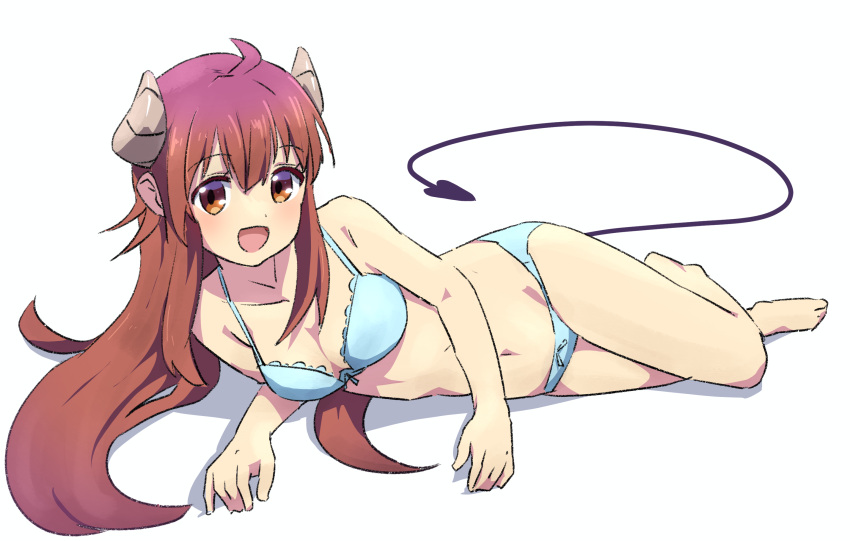 1girl :d ahoge aqua_bra aqua_panties arm_support bare_arms barefoot blush bra breasts brown_eyes brown_hair cleavage collarbone commentary demon_girl demon_horns demon_tail full_body hair_between_eyes hair_spread_out happy head_tilt highres horns long_hair looking_at_viewer lying machikado_mazoku medium_breasts navel oekakiism on_side open_mouth panties sidelocks simple_background smile solo tail tareme thighs underwear underwear_only very_long_hair white_background yoshida_yuuko_(machikado_mazoku)