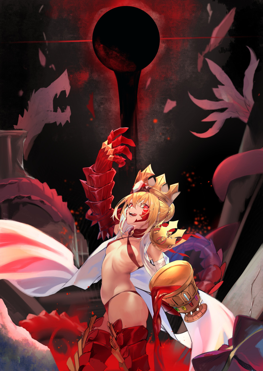 1girl absurdres arm_up bikini blonde_hair braid breasts chalice commentary criss-cross_halter crown dragon dragon_claw dragon_girl dragon_tail elbow_gloves facial_mark fate/grand_order fate/grand_order_arcade fate_(series) french_braid gloves hair_bun hair_intakes halterneck highres hiro_(hirohiro_gorira) looking_at_viewer medium_hair navel nero_claudius_(fate) open_clothes open_mouth pointy_ears queen_draco_(fate) queen_draco_(second_ascension)_(fate) red_bikini red_eyes revealing_clothes robe scales small_breasts smile swimsuit tail thighs tongue tongue_out white_gloves white_robe
