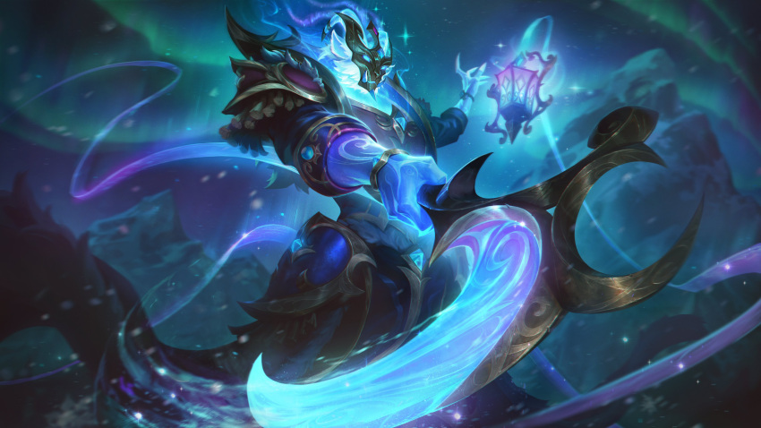 1boy absurdres aurora glowing glowing_mask glowing_weapon highres holding holding_lantern lantern league_of_legends light_particles looking_ahead male_focus mountain night night_sky official_alternate_costume official_alternate_hairstyle official_art outdoors sky snow snowing solo sparkle thresh_(league_of_legends) weapon wind winterblessed_thresh