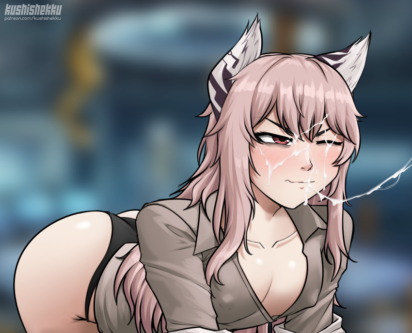 1girl animal_ears artist_name ass bags_under_eyes bent_over black_panties blurry blurry_background blush breasts brown_shirt cat_ears cleavage closed_mouth collarbone commentary cum cum_on_hair cum_on_lips cum_string english_commentary facial girls'_frontline hair_between_eyes highres kushishekku lab_coat long_hair no_pants one_eye_closed panties partially_unbuttoned patreon_username persica_(girls'_frontline) pink_hair red_eyes shirt small_breasts solo underwear v-shaped_eyebrows variant_set