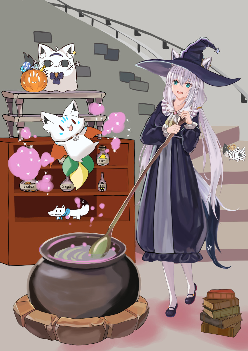 1girl absurdres ahoge animal_ear_fluff animal_ears blush braid commentary_request dress ears_through_headwear fox_ears fox_girl fox_tail green_eyes hair_between_eyes halloween hat highres hololive indoors long_dress long_hair looking_at_viewer low_twintails miteiru_(shirakami_fubuki) nejima_kitsune_(shirakami_fubuki) open_mouth pantyhose pentagram shirakami_fubuki sidelocks single_braid sukonbu_(shirakami_fubuki) surume_(hex_mu) tail twintails virtual_youtuber white_hair white_pantyhose witch witch_hat