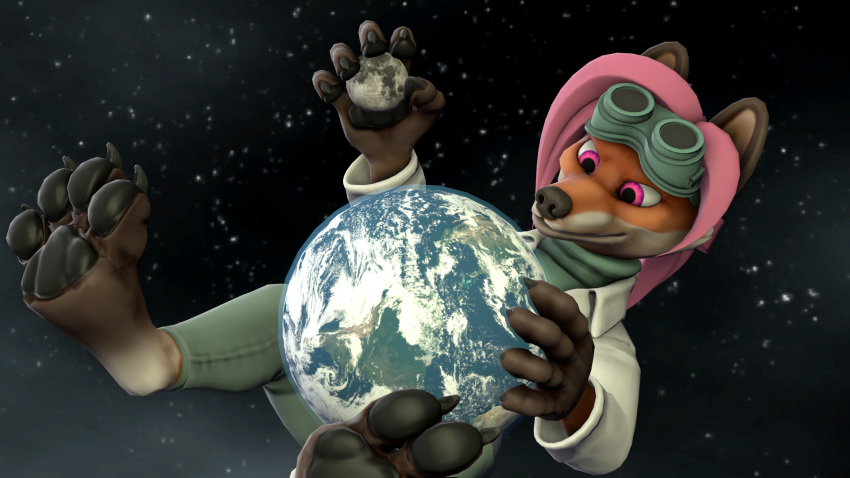 anthro canid canine earth feet female fox hair hi_res jeroen01 macro mammal moon pawperty_damage paws pink_hair planet_dwarfing rache_(pawperty_damage) scientist size_difference