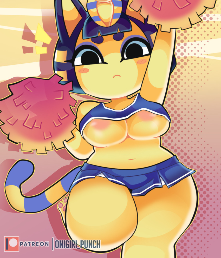 accessory animal_crossing ankha_(animal_crossing) anthro areola areola_slip big_breasts blue_clothing blue_eyeshadow blue_hair blue_miniskirt blue_shirt blue_tank_top blue_topwear bottomwear breasts cheerleader cheerleader_outfit clothed clothing digital_media_(artwork) domestic_cat eyeshadow feet felid feline felis female frown frowning_at_viewer fur hair hi_res holding_object holding_pom_poms looking_at_viewer makeup mammal midriff miniskirt navel nintendo onigiri_punch patreon patreon_logo pawpads pom_poms shirt simple_background skirt solo standing tail tank_top thick_thighs toes topwear under_boob yellow_body