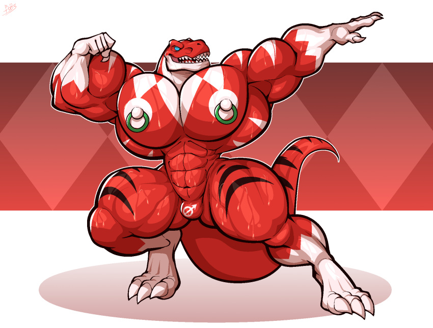 anthro bobthetanuki bodily_fluids dinosaur flexing flexing_biceps hi_res hyper_pecs male mighty_morphin_power_rangers muscular_thighs nipple_piercing nipple_ring nipples null_bulge piercing power_rangers red_body red_ranger reptile ring_piercing scalie solo sweat theropod tyrannosaurid tyrannosaurus tyrannosaurus_rex